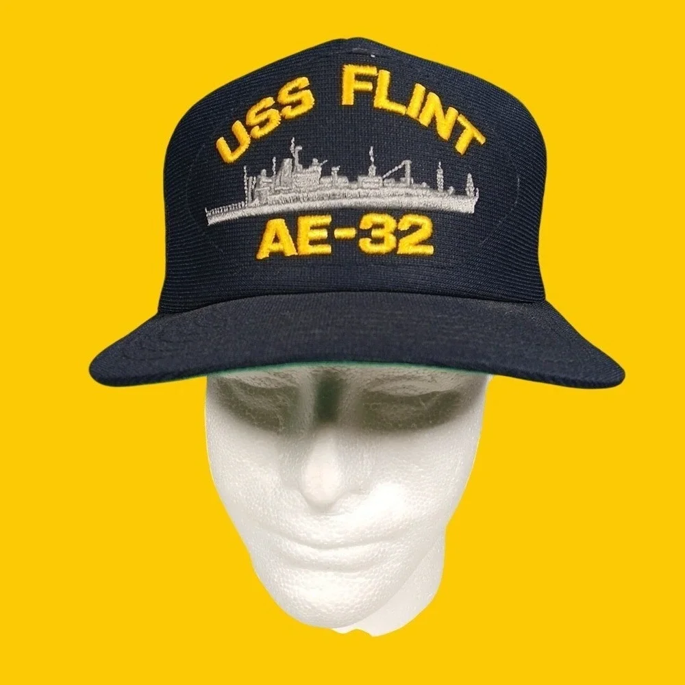 Vintage USS Flint AE-32 Navy Blue Snapback Hat Military Made in USA